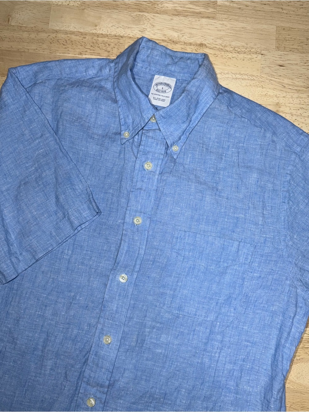 Brooks Brothers Irish Linen Oxford Shirt Blue Short Sleeve Mens Large OCBD